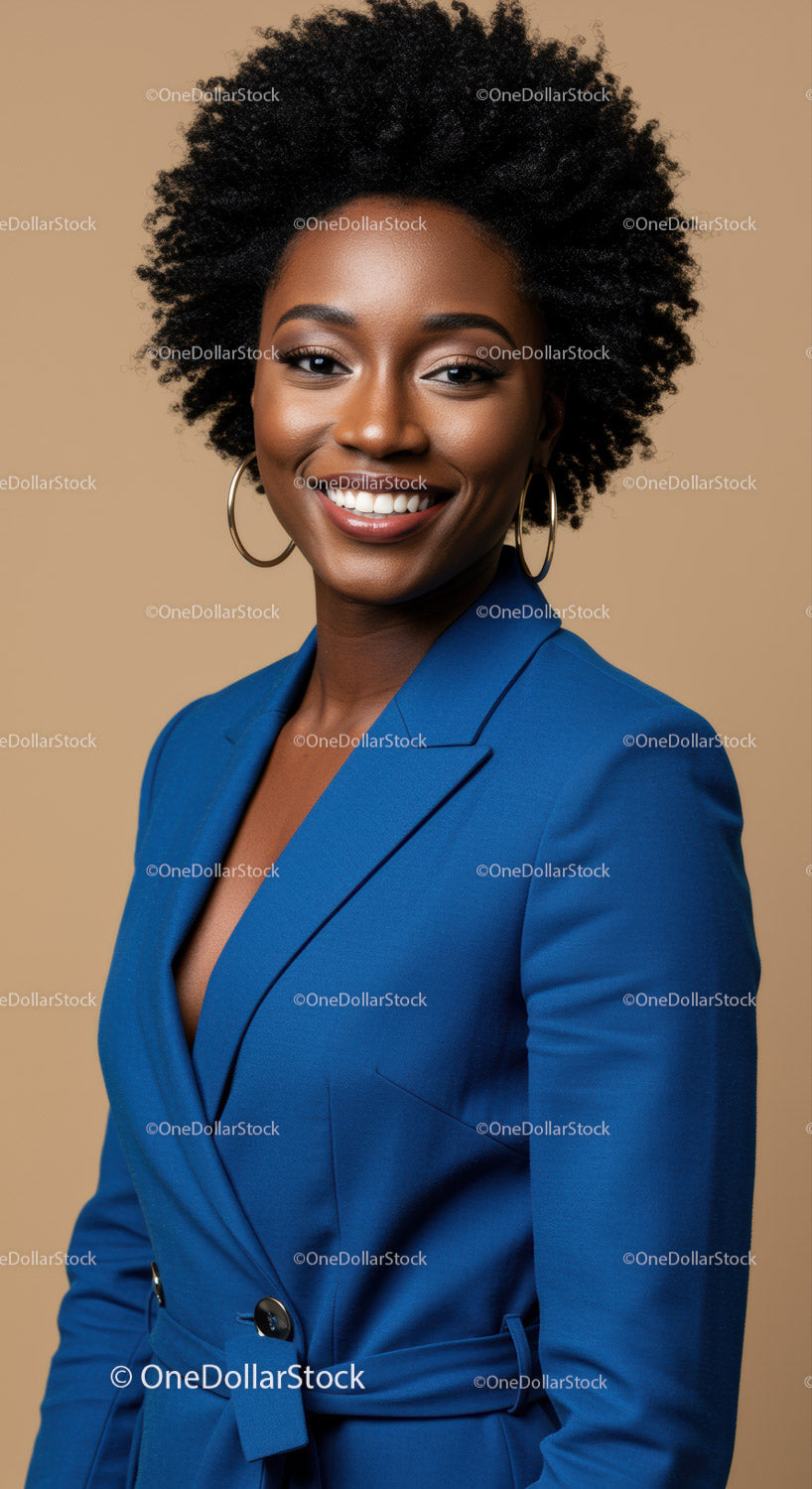 Elegant Businesswoman in Blue Blazer with Natural Hair Confident Portrait