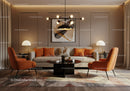 Cozy modern living room with beige sofa and orange chairs