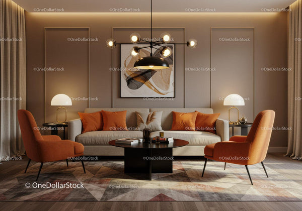 Cozy modern living room with beige sofa and orange chairs