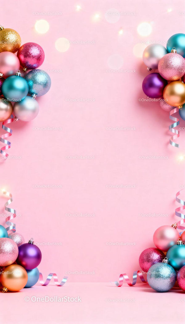 Colorful Christmas baubles with ribbons on pink background