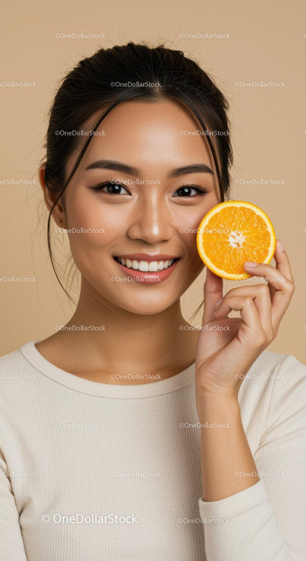 Vibrant Young Woman Smiling and Holding Fresh Orange Slice