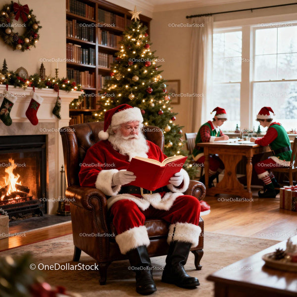 Santa Claus Reading by Fireplace with Elves Working