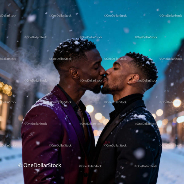 Romantic Winter Kiss Between Two Men in City Street