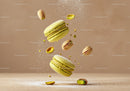Floating Pistachio Macarons with Dusting of Powdered Sugar