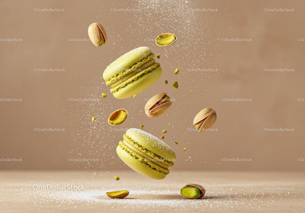 Floating Pistachio Macarons with Dusting of Powdered Sugar
