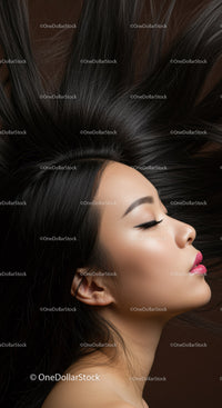 Elegant Woman with Flowing Black Hair Against Dark Background