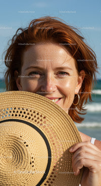 Smiling Woman with Red Hair Wearing Straw Hat at the Beach