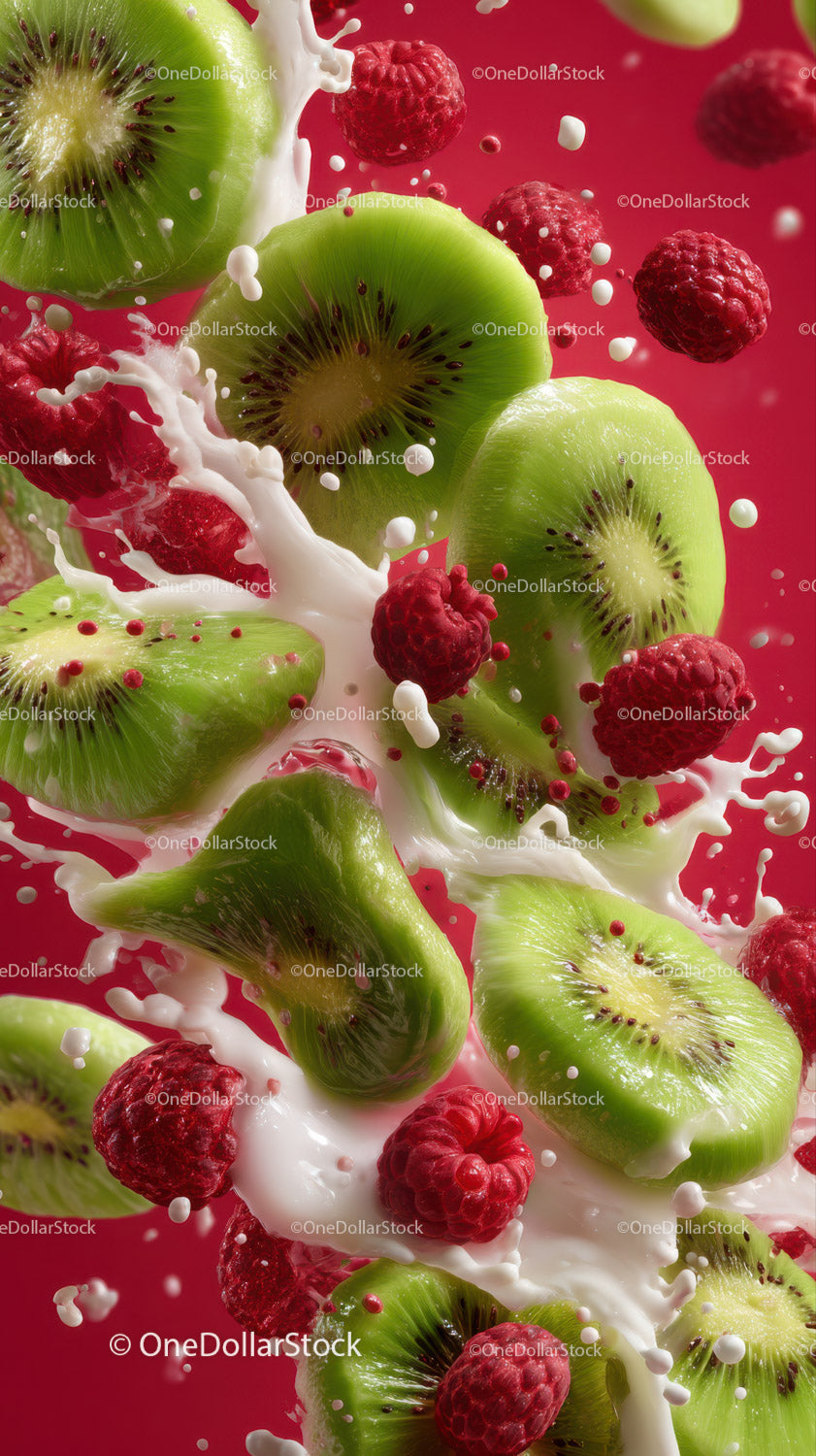 Juicy Kiwi and Raspberries Splash in Fresh Milk Amid Vibrant Red Background