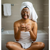 Young Woman with Facial Mask Sitting Cross-Legged in Bathroom