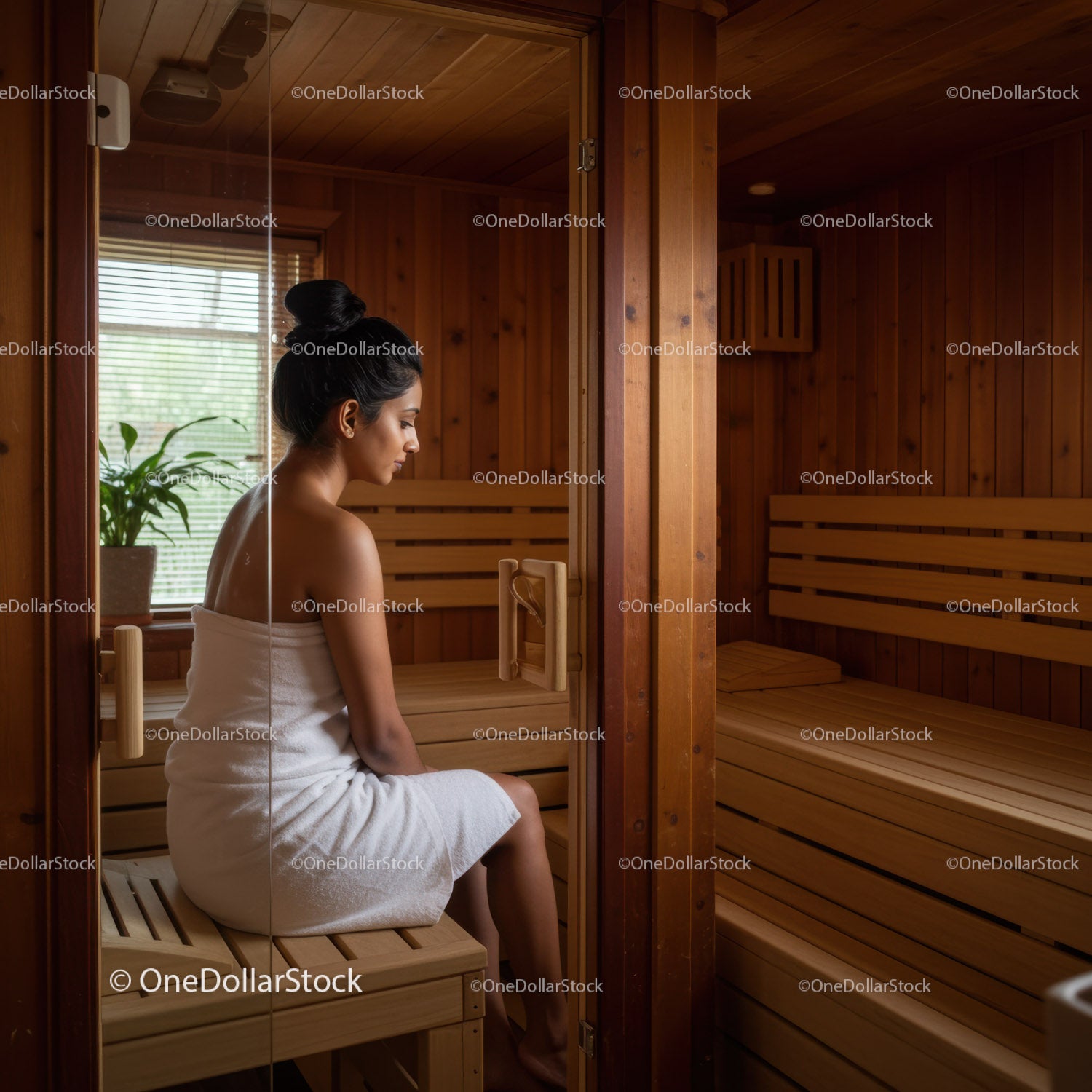 Relaxing Woman Sitting in Sauna with Wooden Interior and Natural Light