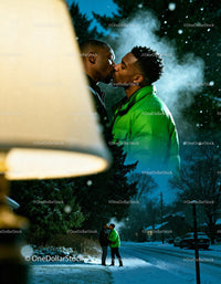 Couple sharing a tender kiss on a snowy winter evening