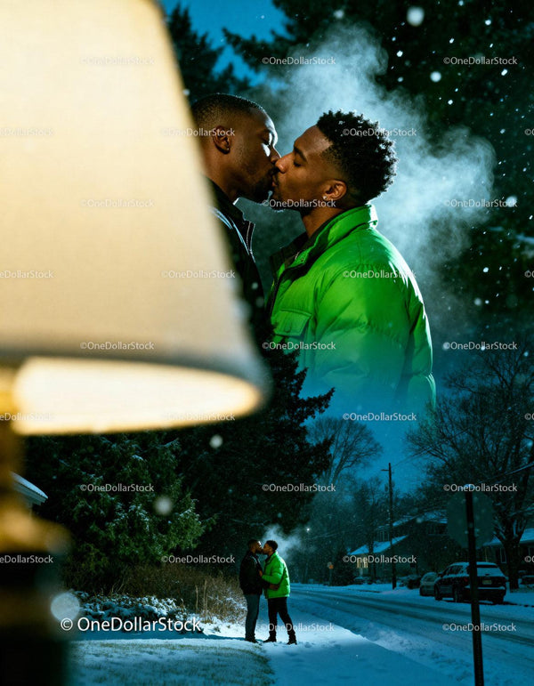 Couple sharing a tender kiss on a snowy winter evening
