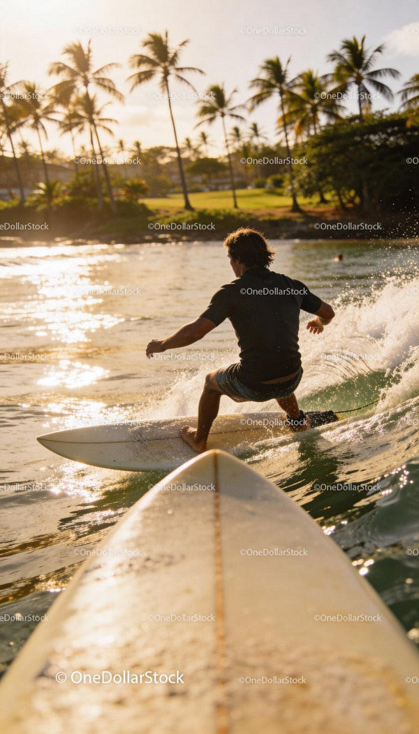 Man surfing near palm trees in warm sunlight
