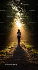 Woman walking into golden forest light at sunset