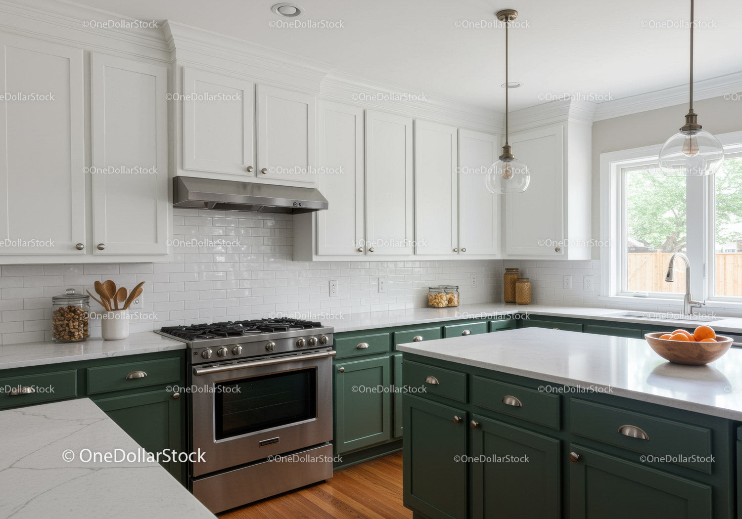 Bright Modern Kitchen with White Cabinets and Green Lower Cabinets