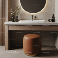Elegant Modern Bathroom Vanity with Leather Ottoman and Stylish Decor