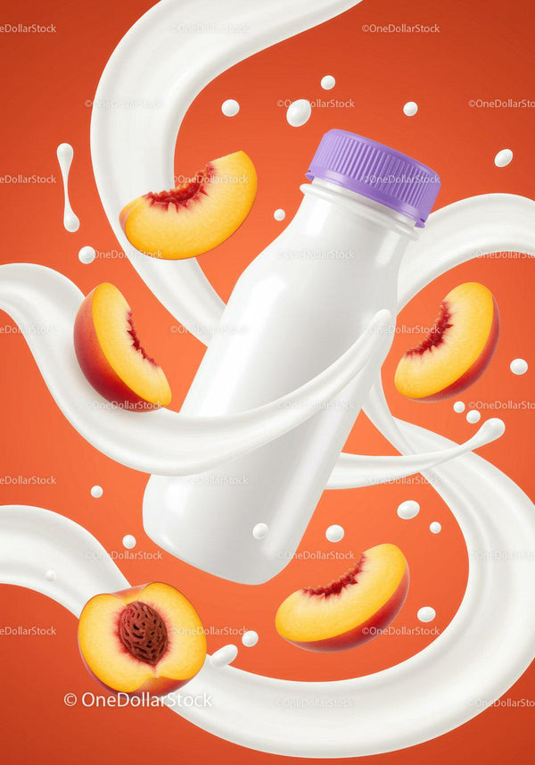 Peach flavored yogurt bottle with creamy swirls JPG Mockup Image