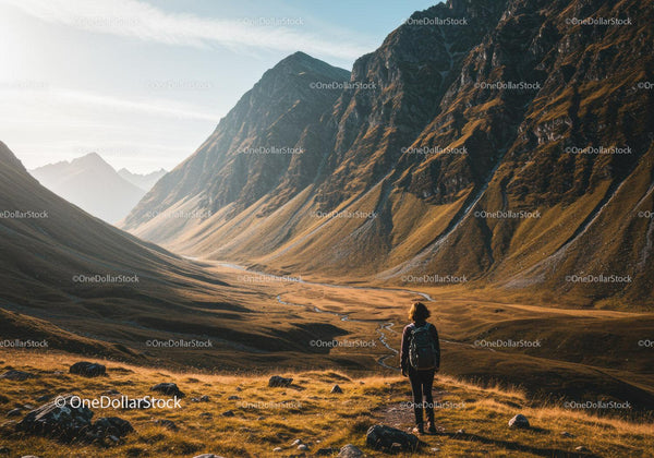 Majestic Mountain Valley with Hiker Exploring Scenic Wilderness