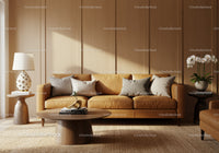 Cozy modern living room with leather sofa and soft lighting