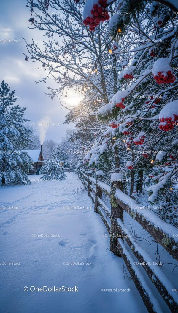 Snowy winter path with cabin and frosted red berries