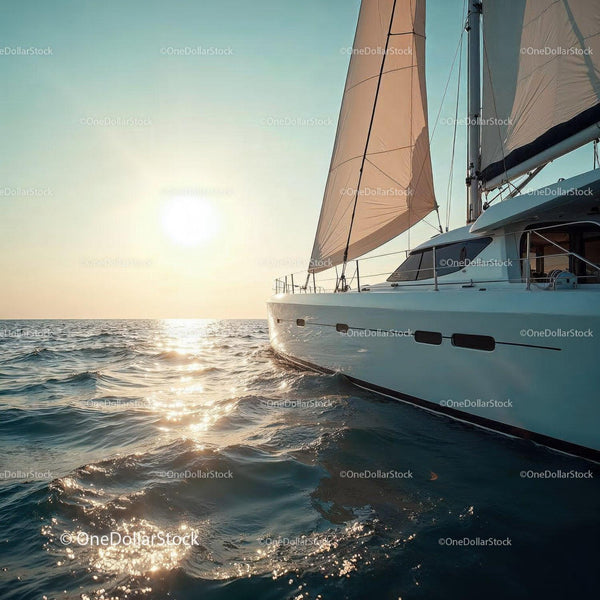 Elegant White Sailing Yacht on Calm Ocean During Sunset