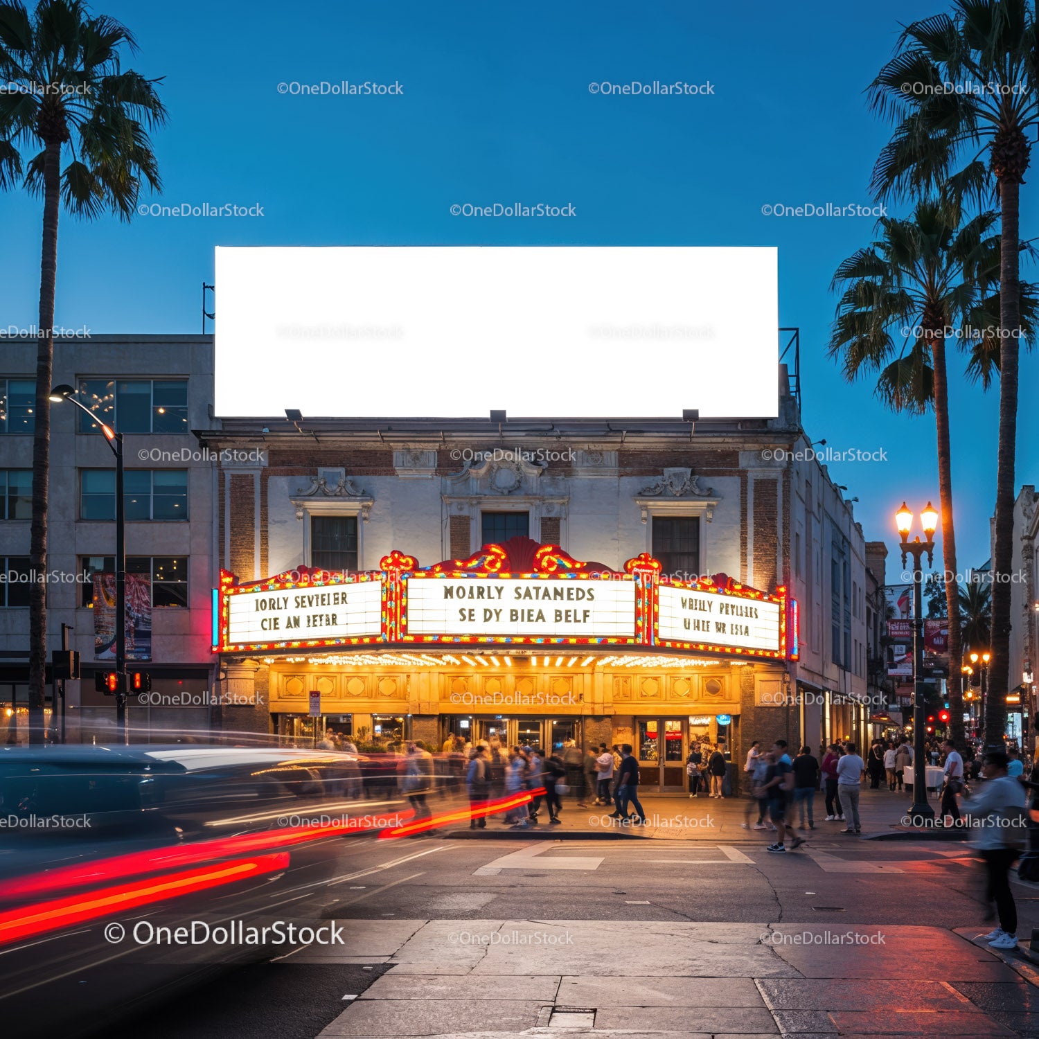 Evening street scene with vintage theater marquee lights