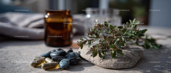 Herbal Medicine Capsules and Stones with Green Herbal Leaves on Stone Surface