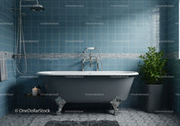 Elegant freestanding bathtub with blue tiled walls