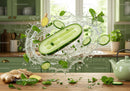 Fresh cucumber and mint splash in bright kitchen