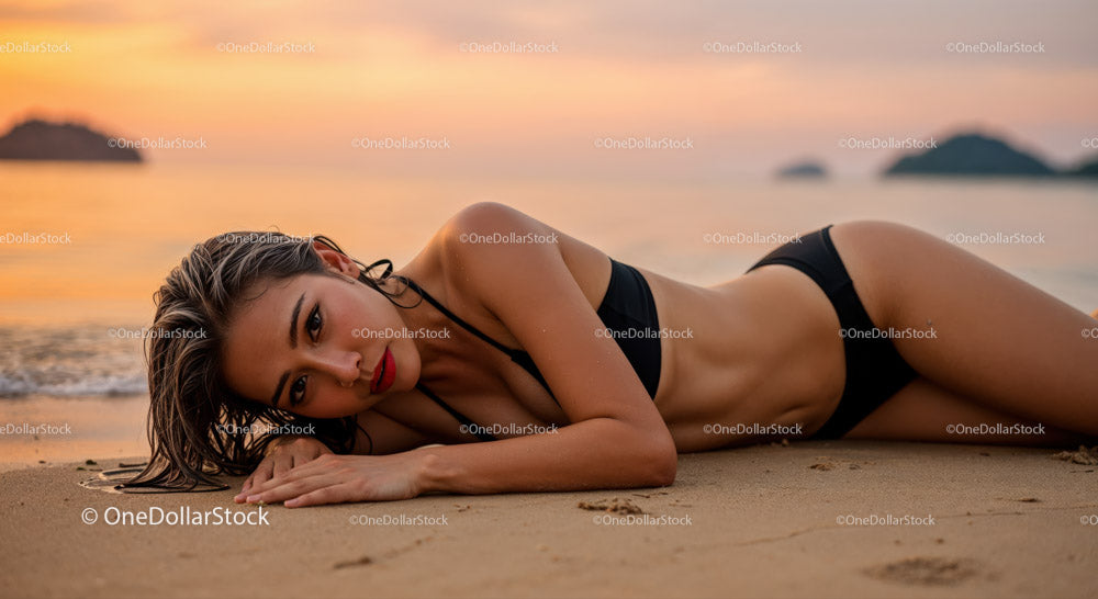 Relaksująca się kobieta w czarnym bikini leżąca na piaszczystej plaży o zachodzie słońca