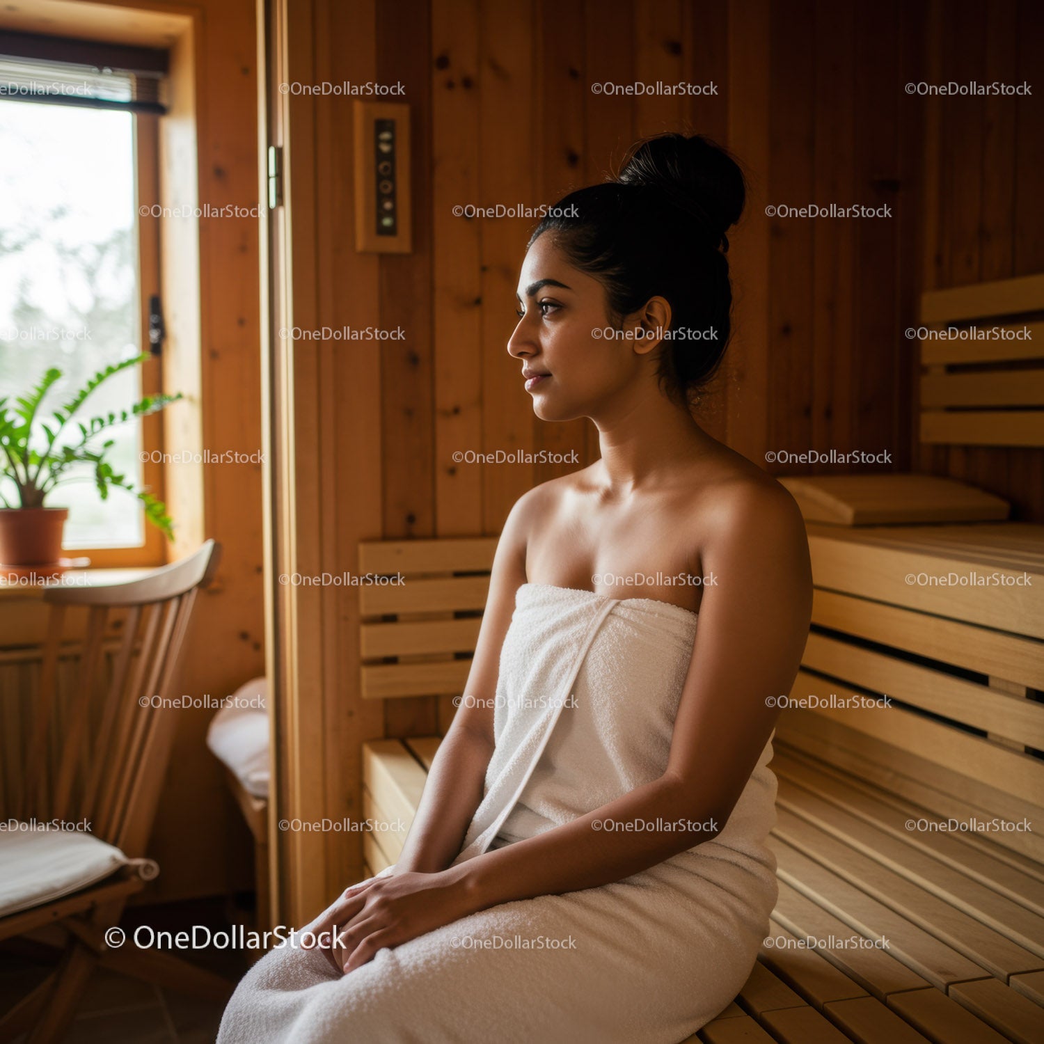 Relaxing Woman Sitting in Wooden Sauna or Steam Room for Wellness