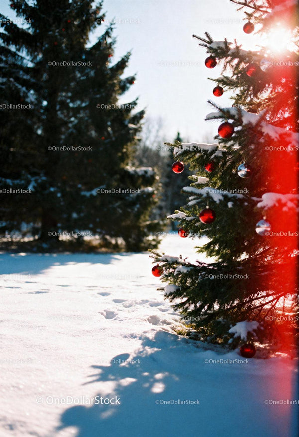 Sunlit Snowy Pines Decorated with Red Christmas Ornaments