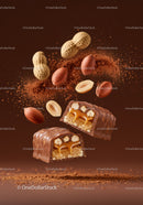Chocolate Peanut Caramel Candy Bar with Nuts Closeup