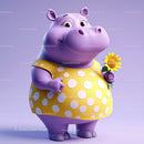 Cute Cartoon Hippo Holding Sunflower in Yellow Dress for Kids Illustration