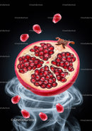 Fresh pomegranate half with seeds floating on smoke