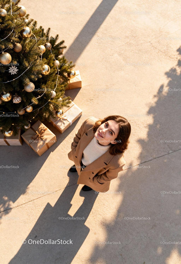 Woman Enjoying Festive Moment by Christmas Tree Outdoors