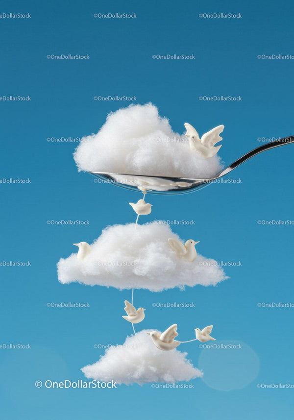 Creative clouds and birds arranged on a spoon in blue sky