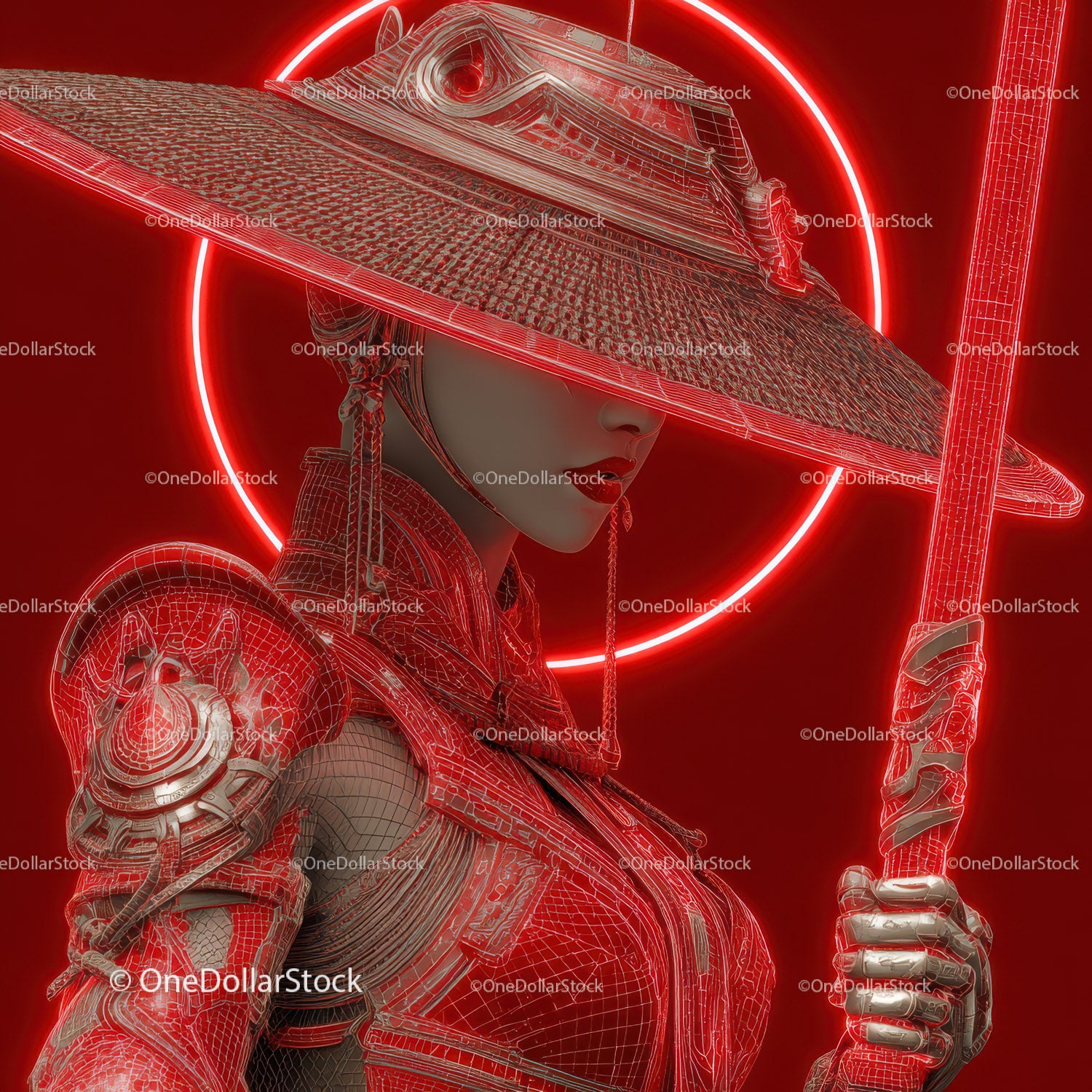 Futuristic Samurai in Neon Red Armor Holding Umbrella