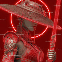 Futuristic Samurai in Neon Red Armor Holding Umbrella