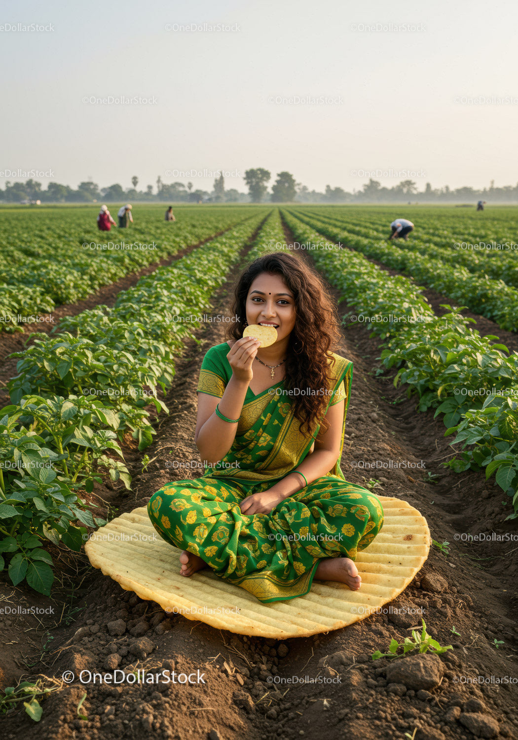 Young woman in green saree eating snack in field