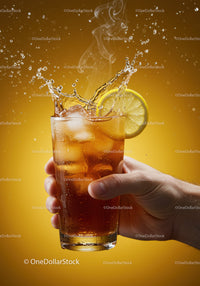 Hand Holding Iced Tea with Lemon Slice Splashing
