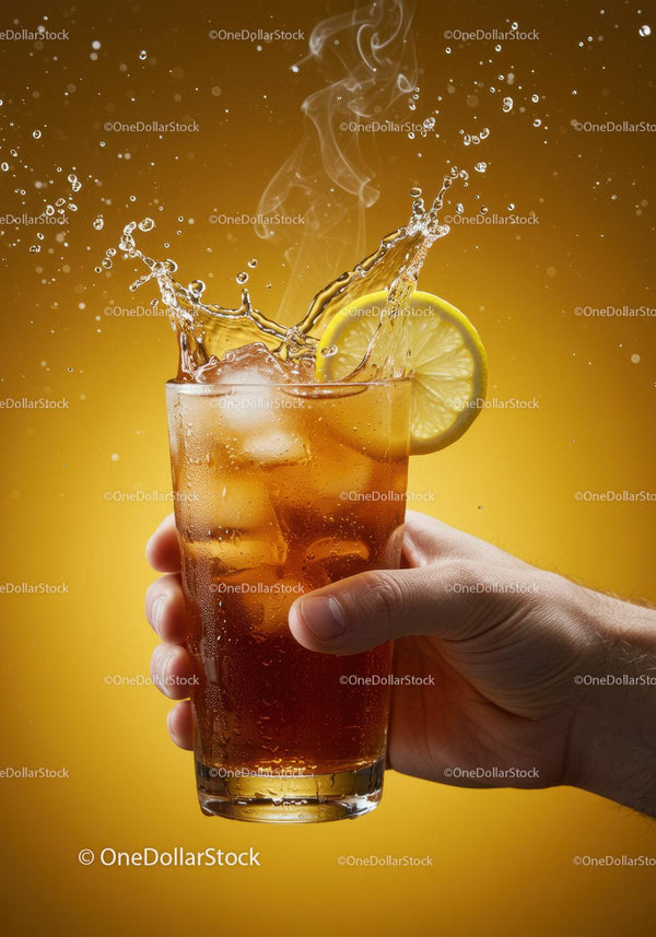 Hand Holding Iced Tea with Lemon Slice Splashing