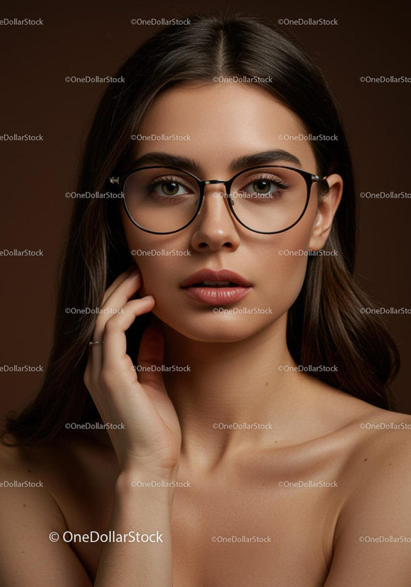 Elegant Woman Wearing Glasses with Stylish Facial Expression in Studio