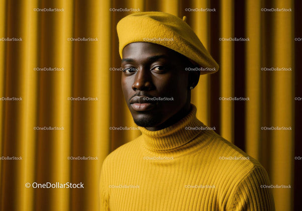Stylish man in yellow beret and turtleneck sweater