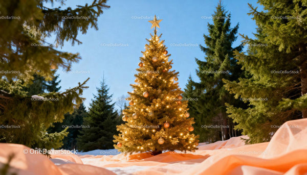 Decorated Christmas tree glowing in snowy forest