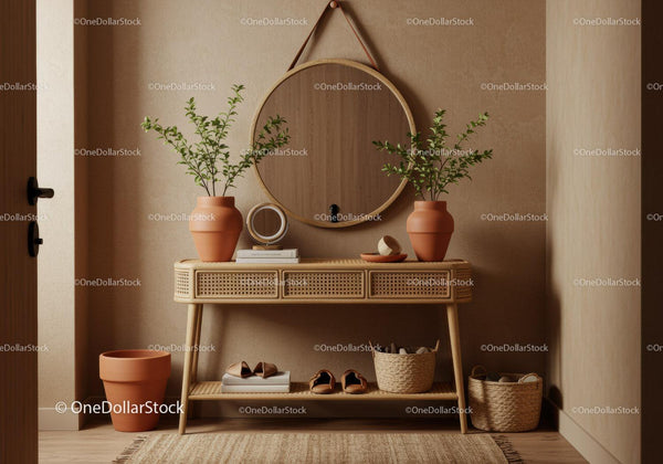 Minimalistyczne Przedpokój z Naturalną Dekoracją i Okrągłym Lustrem