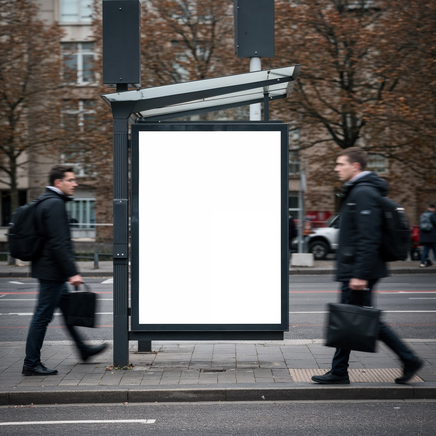 Empty urban billboard with two business men walking by