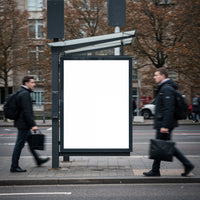 Empty urban billboard with two business men walking by
