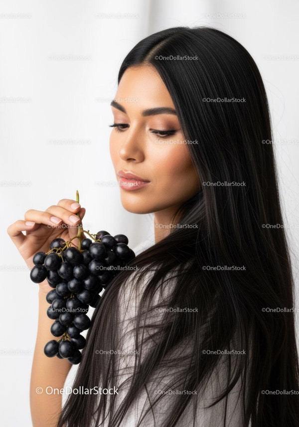 Elegant Woman with Black Hair Holding Grapes in Studio Portrait