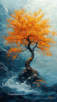 Colorful Autumn Tree with Vibrant Orange Leaves and Artistic Landscape